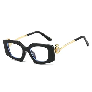Square frame sunglasses with pearl accents and golden metal temples on white background