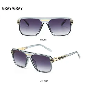Front and side view of square pilot sunglasses with gray frames and purple gradient lenses