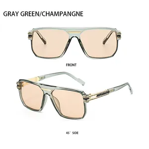 Front and 45-degree side view of gray green square sunglasses with champagne lenses