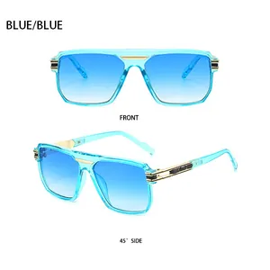 Detail view of square blue sunglasses with gold metal accents and gradient lenses