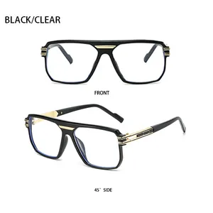 Detail of square pilot glasses frame with double bridge and golden metal accents