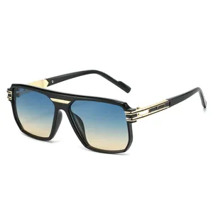 Retro square sunglasses with black and gold frame and blue-yellow gradient lenses