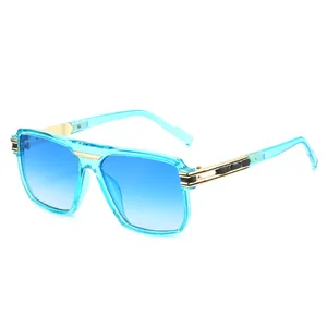 Retro square sunglasses with light blue transparent frames and blue gradient lenses