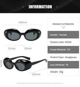 Spécifications de taille pour lunettes de soleil ovales avec verres PC et dimensions
