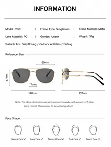 Spécifications de taille et mesures de monture pour lunettes de soleil aviateur