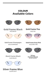 Vue en grille présentant sept variantes de lunettes de soleil ovales en métal avec verres colorés