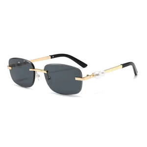 Elegante Randloze Vierkante Zonnebril Voor Vrouwen Metalen Parel Decor Poten UV400 Bescherming Vintage Mode Zonnebril Accessoire