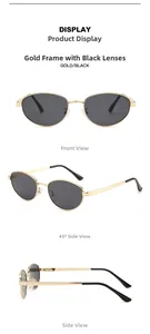 Trois vues de lunettes de soleil en métal doré avec verres ovales de face et de profil