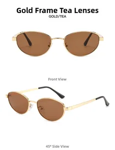 Lunettes soleil ovales en métal doré avec verres thé vues de face et à 45 degrés