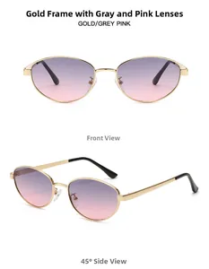 Détail de lunettes de soleil ovales dorées avec verres dégradés gris rose et monture