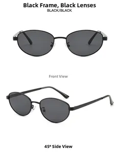 Vues de face et de profil à 45 degrés de lunettes de soleil ovales à monture fine en métal noir
