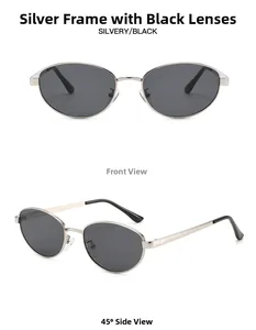 Vues de face et à 45 degrés de lunettes de soleil ovales en métal argenté et verres gris