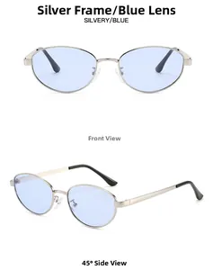 Vue détaillée de lunettes de soleil ovales en métal argenté avec verres teintés bleu clair