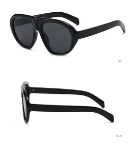 Close-up of black aviator sunglasses showing 45-degree and side profile view design