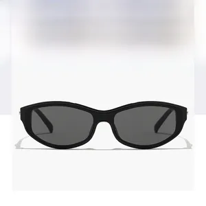 Front view of small frame oval cat-eye sunglasses with black frames and dark lenses