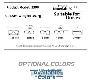 Tableau des tailles détaillé des lunettes de soleil 3398 avec dimensions de monture