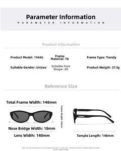 Detailed size specifications of black TR sunglasses frame showing dimensions and weight
