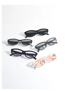 Macro shot showing five colorful retro narrow oval sunglasses with temple size details