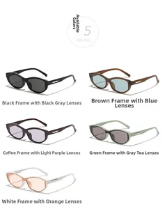 Detailed display of five color variations of retro oval sunglasses with metal accents