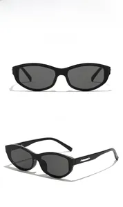 Front and 45-degree side views of sleek small frame black cat-eye sunglasses for women