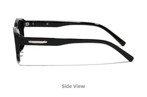 Side view of sleek black sunglasses featuring polished finish and silver metal temple accents