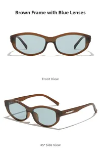Detailed front and side view of brown oval sunglasses with light blue lenses
