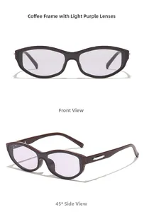 Detail of coffee frame sunglasses with light purple lenses and metal temple accents
