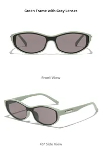 Detailed views of mint green cat-eye sunglasses with rectangular silver metal accents