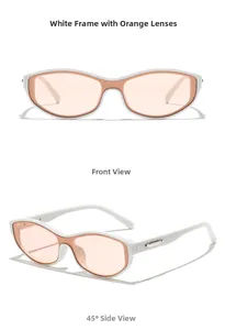 Detail view of white frame sunglasses with orange lenses from front and side angles