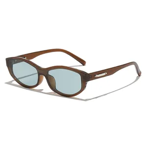 Retro small frame cat eye sunglasses with brown translucent frame and light blue lenses