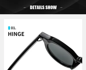 Close-up of the durable metal hinge construction on retro round black sunglasses