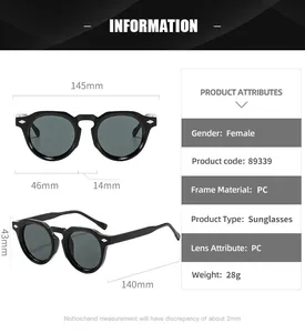 Detailed size specifications for vintage round sunglasses with PC frame and dimensions