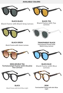 Detail view of retro round sunglasses in various frame colors with UV protection
