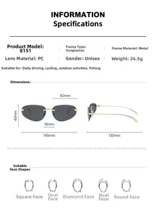 Größentabelle für randlose Y2K-Sonnenbrillen mit Maßen und Gesichtsform-Guide