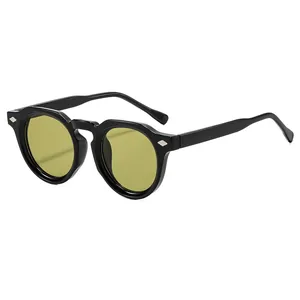 Retro round black sunglasses with olive lenses and silver rivets for men and women