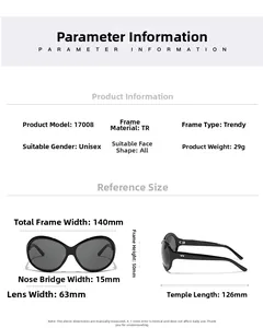 Size guide for oversized fashion sunglasses featuring detailed frame dimensions and TR material
