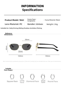 Detailed size chart for polygon metal sunglasses showing frame width and lens dimensions