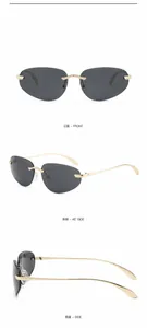 Drei-Ansichten-Detail der randlosen Y2K-Sonnenbrille mit goldenen Metallbügeln