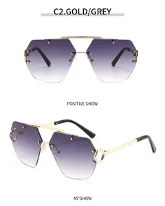 Detailansicht der goldfarbenen randlosen Pilotenbrille mit grauen Gläsern und Doppelsteg