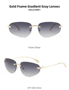 Detaillierte Vorder- und Seitenansicht der goldenen randlosen Sonnenbrille mit Grauf verlauf