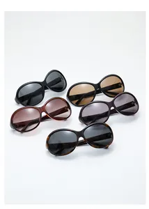 Group display of five oversized fashion sunglasses in black, tortoise, and purple frames