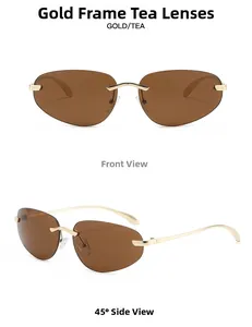 Detailansicht der goldfarbenen randlosen Y2K-Sonnenbrille mit teefarbenen Gläsern