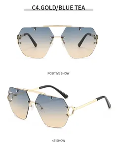 Details einer randlosen Pilotenbrille mit Goldrahmen und Blau-Tee-Verlaufgläsern