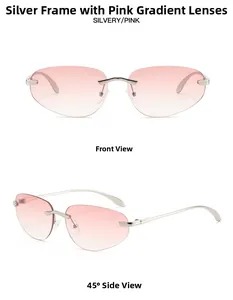 Front- und Seitenansicht der randlosen Y2K Silber-Sonnenbrille mit rosa Verlaufsgläsern