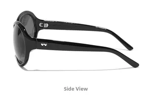 Side view of oversized black sunglasses with silver double heart accents on the temple