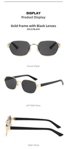 Multiple views of gold polygon sunglasses with dark grey lenses and black temples