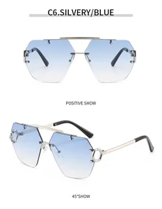 Detail der randlosen silbernen Pilotenbrille aus Metall mit blauem Verlauf und Doppelsteg