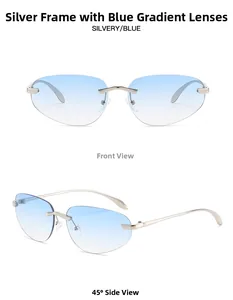 Vorderansicht und 45 Grad Seitenansicht der y2k randlosen Sonnenbrille mit blauem Farbverlauf