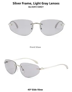 Front- und Seitenansicht der randlosen Y2K-Sonnenbrille mit silbernem Metall und grauen Gläsern