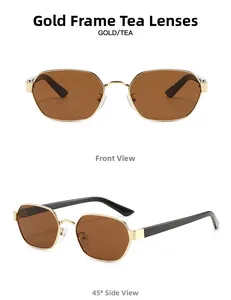 Polygon gold metal sunglasses with brown lenses shown from front and 45-degree angles